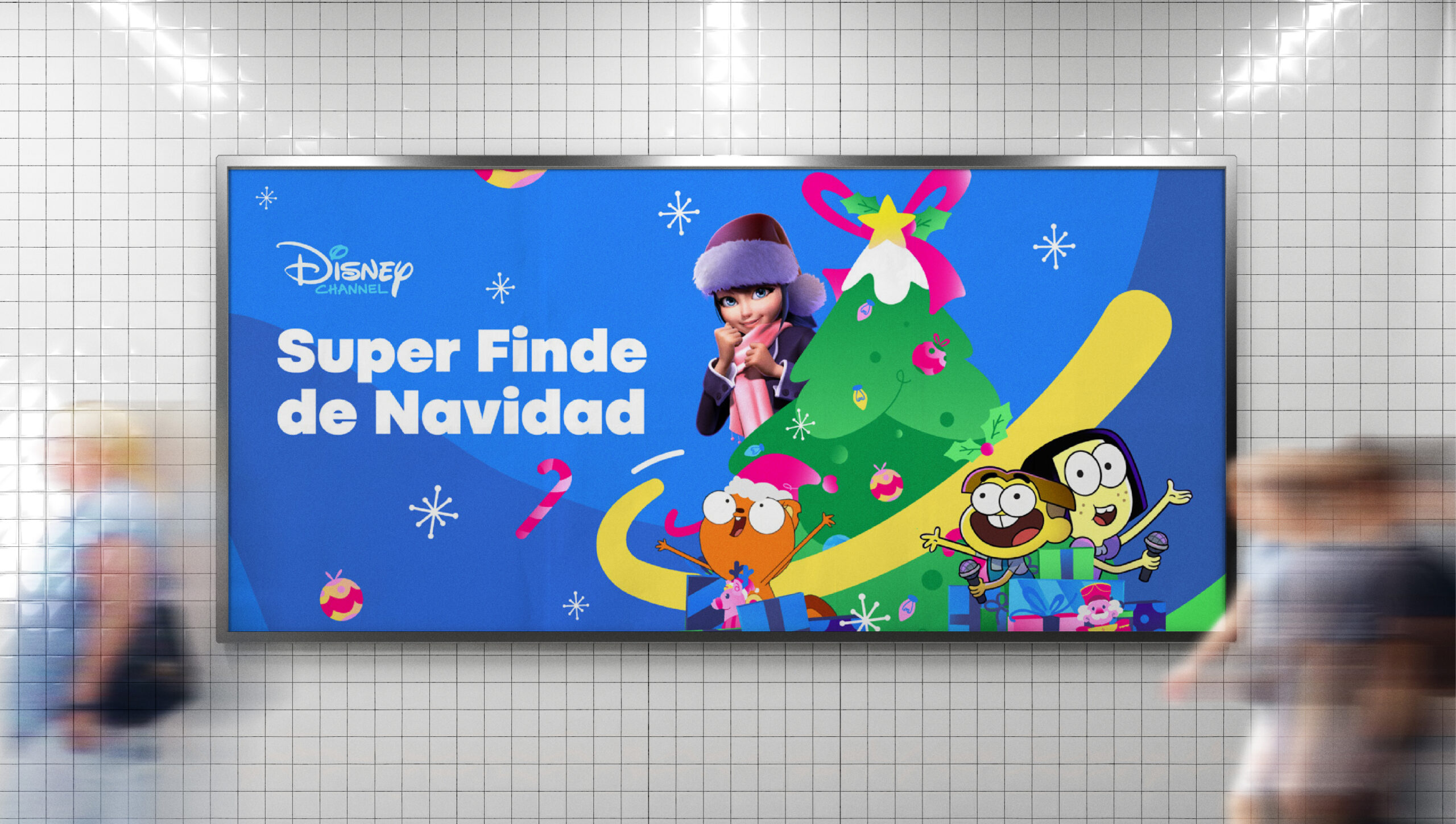 Outdoor billboard featuring Disney Channel Xmas campaign animation.
