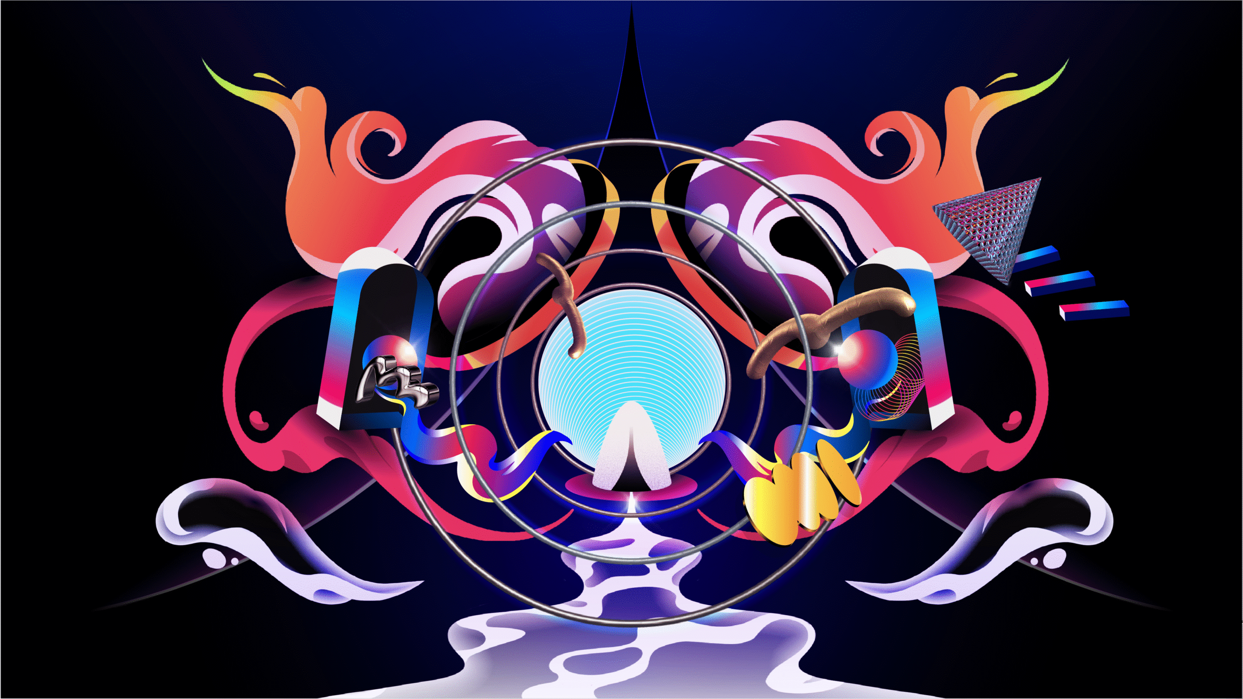 Between Dimensions Motion Array – geometric elements and experimental design, portals, colors, vibrant, curves 