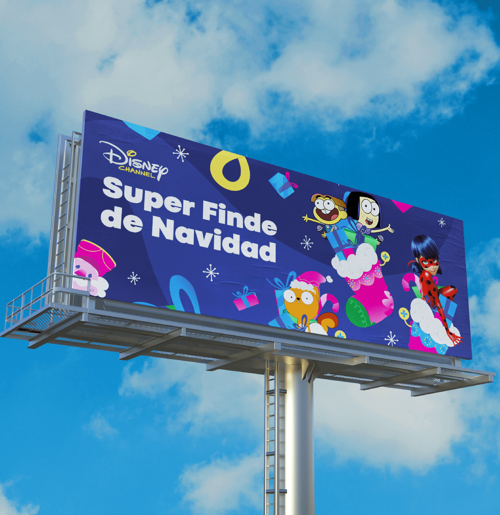 Outdoor billboard featuring Disney Channel Xmas campaign animation.