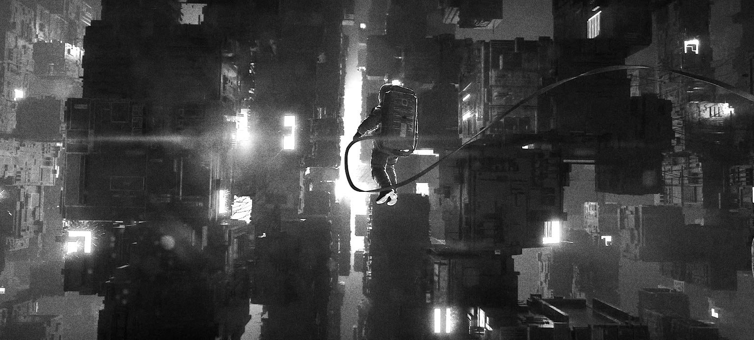3D animation by PES Motion Studio: astronaut floating through a dark futuristic city