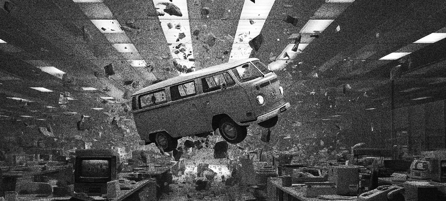 3D animation by PES Motion Studio: vintage van flying through an office amid floating debris