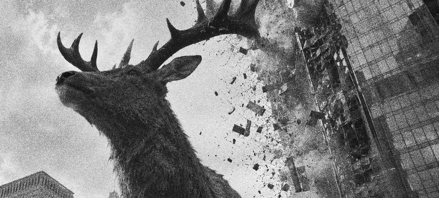 3D animation by PES Motion Studio: giant deer surrounded by floating debris